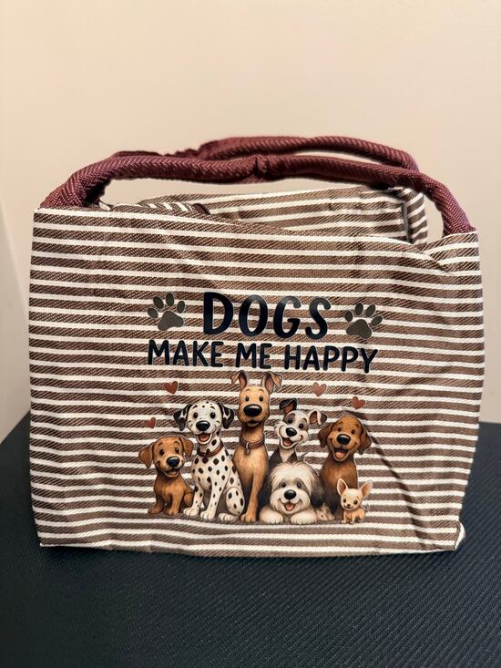 Title Unknown Other - New puppy-themed insulated lunch bag, brown striped pattern Dogs Make Me Happy